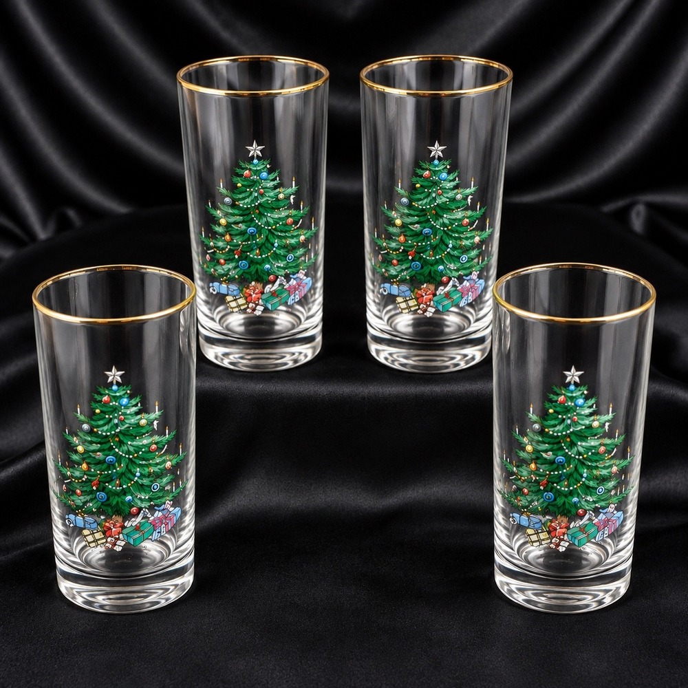 Spode Christmas Tree Highball Glasses Set of 4 Gold Trim 5.75 Inch Holiday
